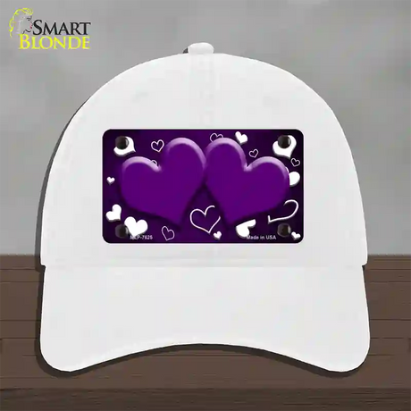 Purple White Love Hearts Oil Rubbed Novelty License Plate Hat Unconstructed Cotton / White