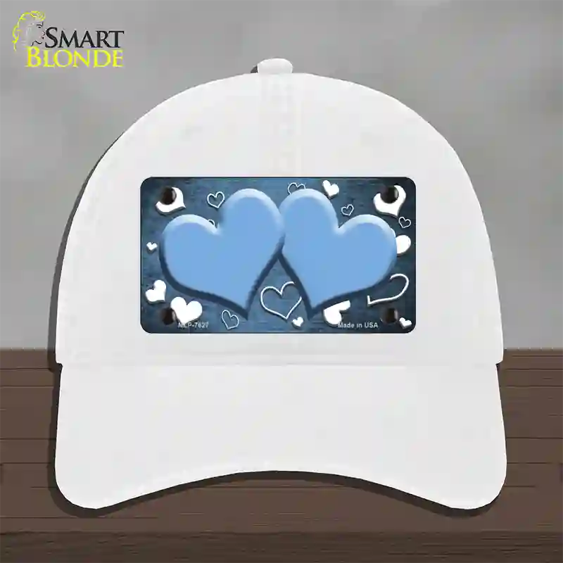 Light Blue White Love Hearts Oil Rubbed Novelty License Plate Hat Unconstructed Cotton / White