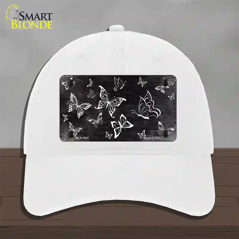 Black White Butterfly Oil Rubbed Novelty License Plate Hat Unconstructed Cotton / White