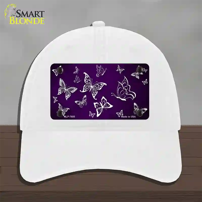 Purple White Butterfly Oil Rubbed Novelty License Plate Hat Unconstructed Cotton / White