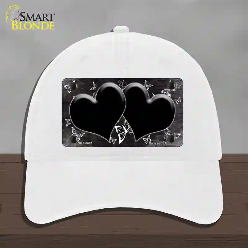 Black White Hearts Butterfly Oil Rubbed Novelty License Plate Hat Unconstructed Cotton / White