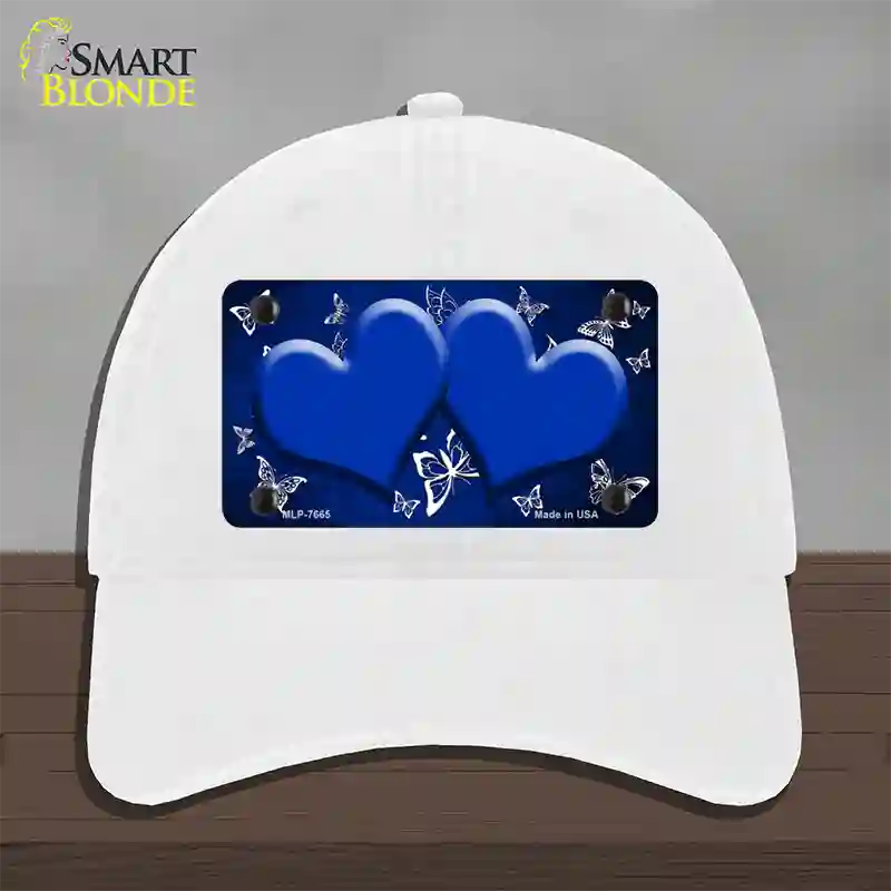 Blue White Hearts Butterfly Oil Rubbed Novelty License Plate Hat Unconstructed Cotton / White