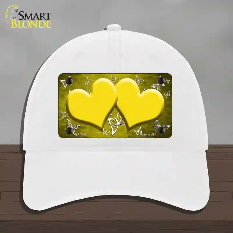 Yellow White Hearts Butterfly Oil Rubbed Novelty License Plate Hat Unconstructed Cotton / White