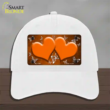 Orange White Hearts Butterfly Oil Rubbed Novelty License Plate Hat Unconstructed Cotton / White