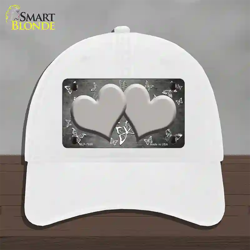 Gray White Hearts Butterfly Oil Rubbed Novelty License Plate Hat Unconstructed Cotton / White