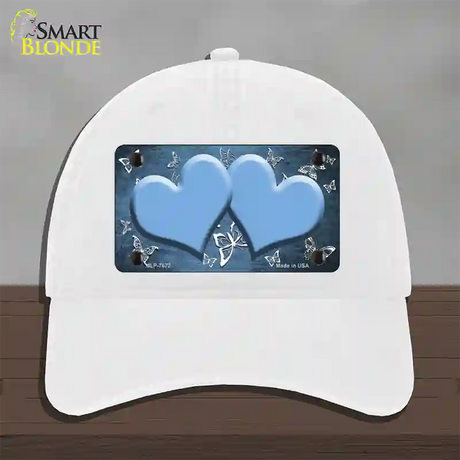 Light Blue White Hearts Butterfly Oil Rubbed Novelty License Plate Hat Unconstructed Cotton / White