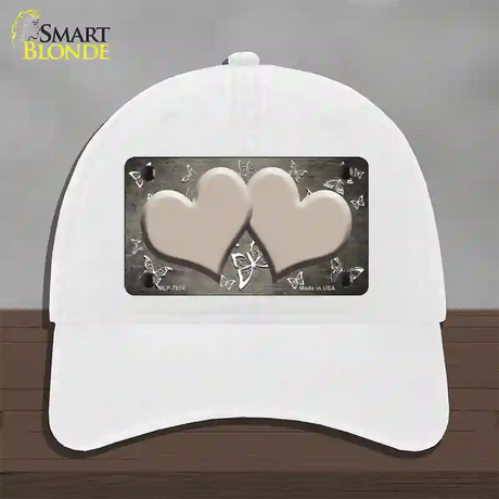 Tan White Hearts Butterfly Oil Rubbed Novelty License Plate Hat Unconstructed Cotton / White