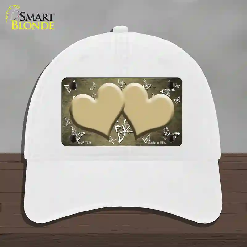 Gold White Hearts Butterfly Oil Rubbed Novelty License Plate Hat Unconstructed Cotton / White