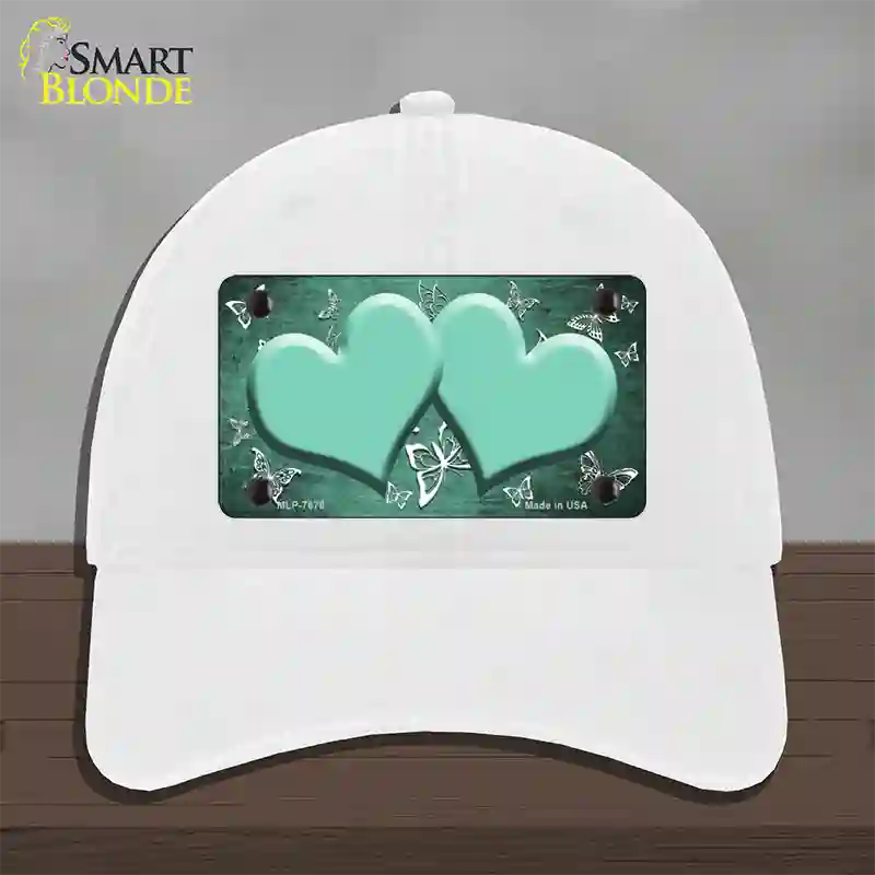 Mint White Hearts Butterfly Oil Rubbed Novelty License Plate Hat Unconstructed Cotton / White