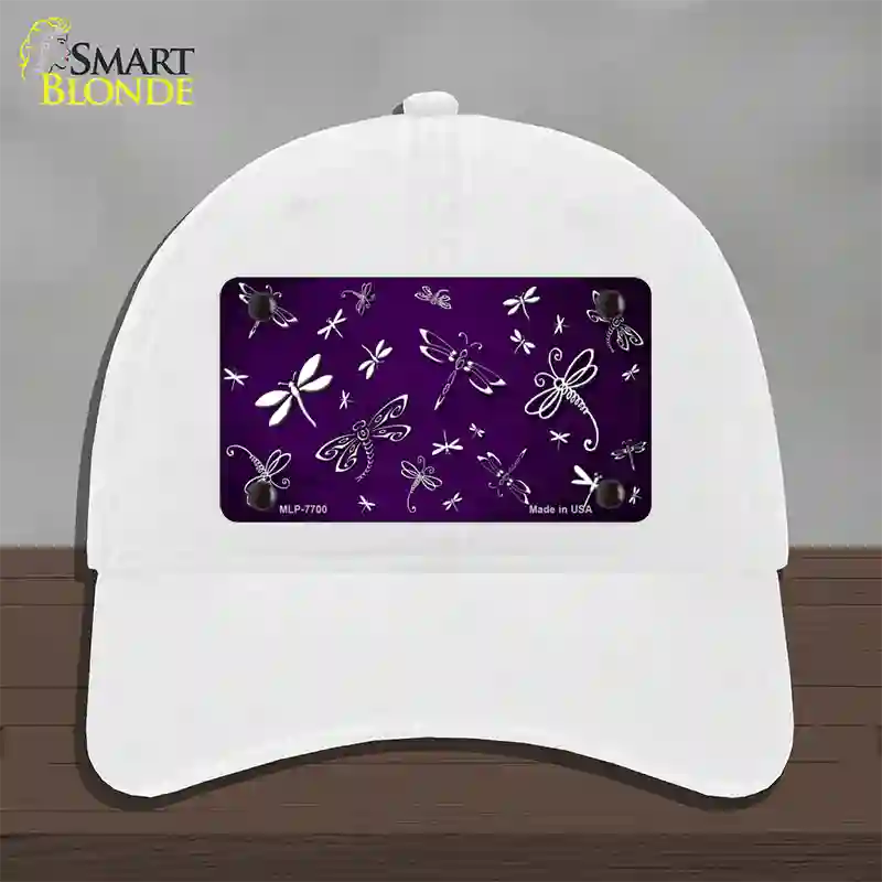 Purple White Dragonfly Oil Rubbed Novelty License Plate Hat Unconstructed Cotton / White