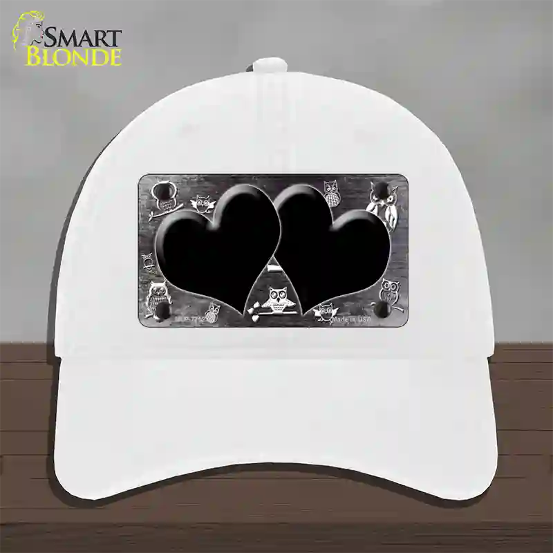 Black White Owl Hearts Oil Rubbed Novelty License Plate Hat Unconstructed Cotton / White