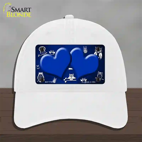 Blue White Owl Hearts Oil Rubbed Novelty License Plate Hat Unconstructed Cotton / White