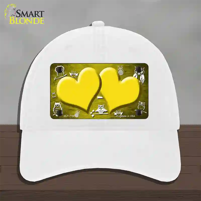 Yellow White Owl Hearts Oil Rubbed Novelty License Plate Hat Unconstructed Cotton / White