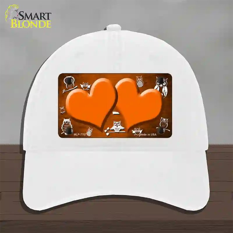 Orange White Owl Hearts Oil Rubbed Novelty License Plate Hat Unconstructed Cotton / White