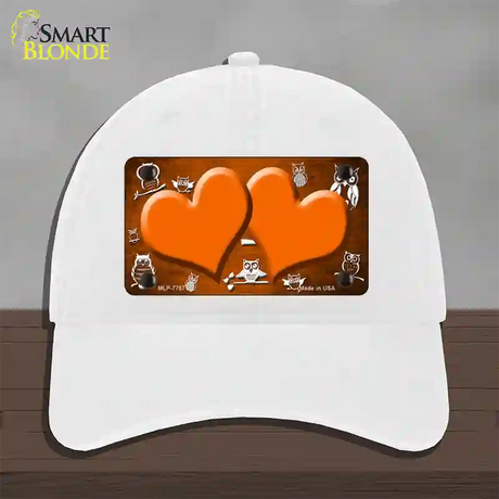 Orange White Owl Hearts Oil Rubbed Novelty License Plate Hat Unconstructed Cotton / White