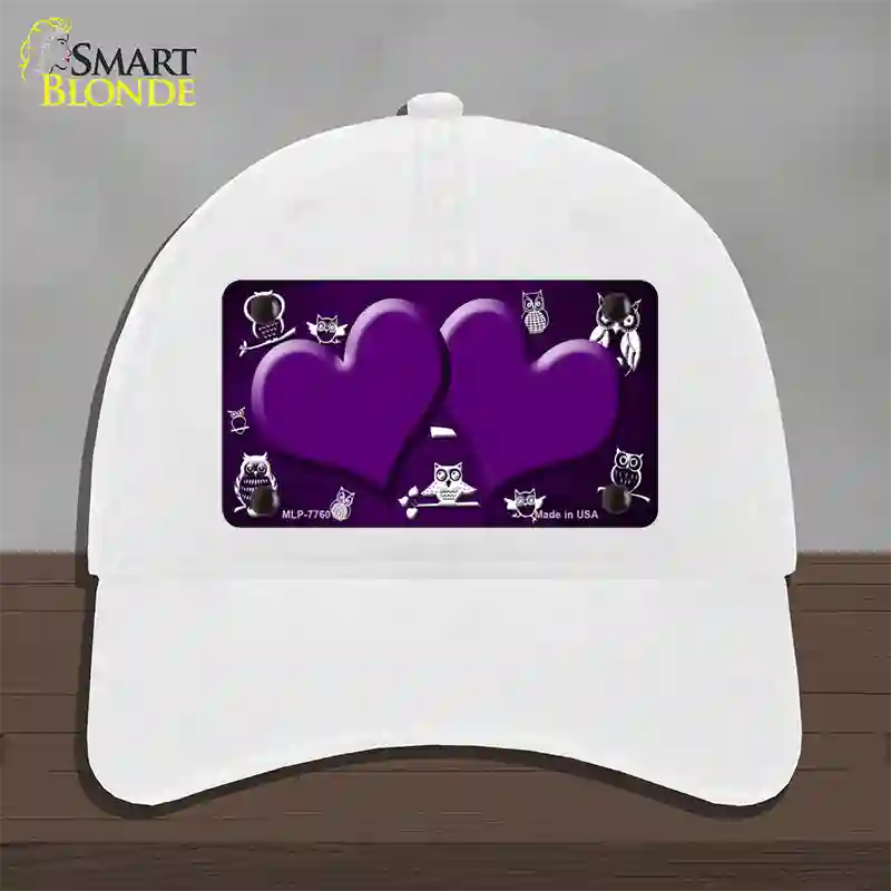 Purple White Owl Hearts Oil Rubbed Novelty License Plate Hat Unconstructed Cotton / White