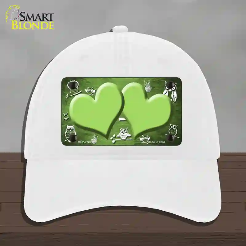 Lime Green White Owl Hearts Oil Rubbed Novelty License Plate Hat Unconstructed Cotton / White