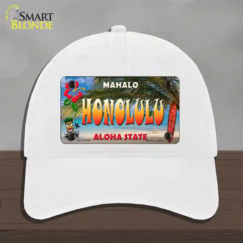 Honolulu Hawaii State Novelty License Plate Hat Unconstructed Cotton / White