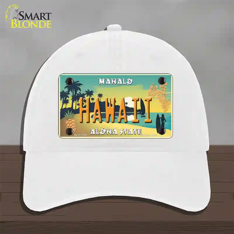 Hawaii Pineapple Novelty License Plate Hat Unconstructed Cotton / White