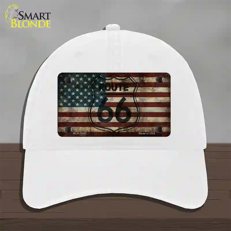 Route 66 American Flag Transparent Novelty License Plate Hat Unconstructed Cotton / White