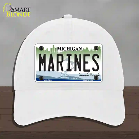 Marines Michigan Novelty License Plate Hat Unconstructed Cotton / White