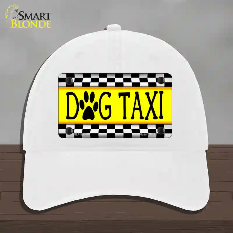 Dog Taxi Novelty License Plate Hat Unconstructed Cotton / White