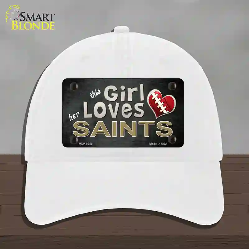 This Girl Loves Her Saints Novelty License Plate Hat Unconstructed Cotton / White