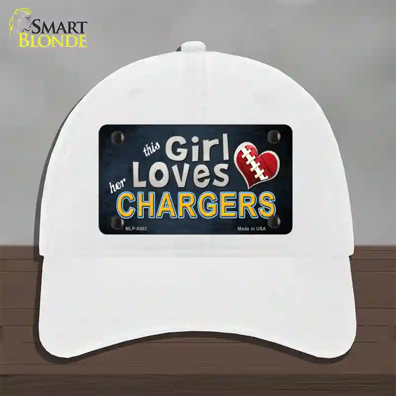 This Girl Loves Her Chargers Novelty License Plate Hat Unconstructed Cotton / White