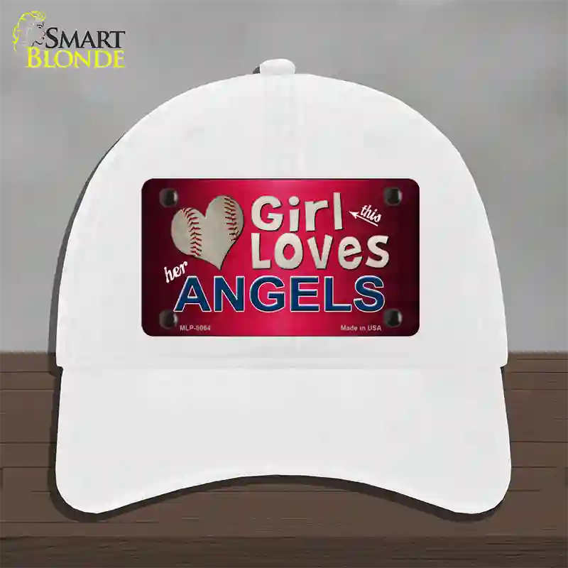 This Girl Loves Her Angels Novelty License Plate Hat Unconstructed Cotton / White