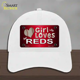 This Girl Loves Her Reds Novelty License Plate Hat Unconstructed Cotton / White