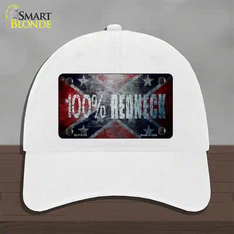 100% Redneck Confederate Novelty License Plate Hat Unconstructed Cotton / White