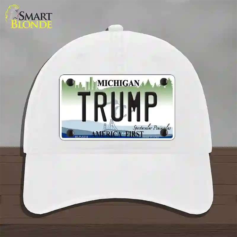 Trump Michigan Novelty License Plate Hat Unconstructed Cotton / White