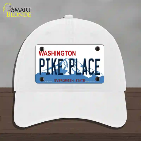 Pike Place Washington Novelty License Plate Hat Unconstructed Cotton / White