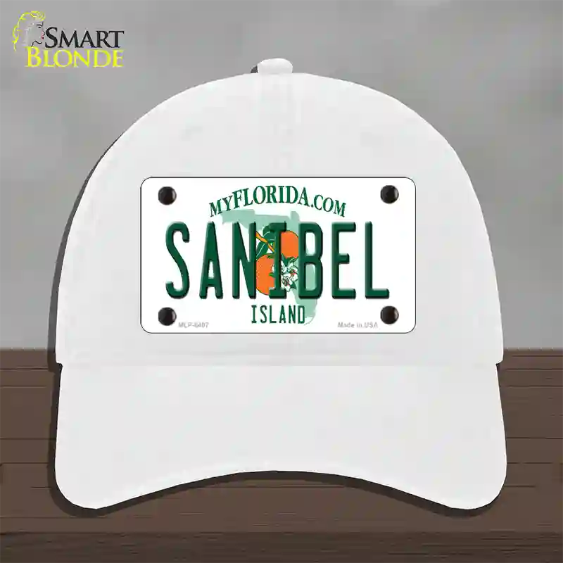 Sanibel Florida Novelty License Plate Hat Unconstructed Cotton / White