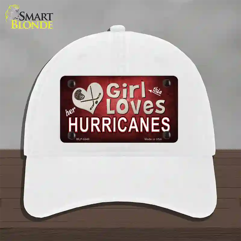 This Girl Loves Her Hurricanes Novelty License Plate Hat Unconstructed Cotton / White