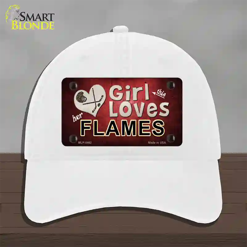 This Girl Loves Her Flames Novelty License Plate Hat Unconstructed Cotton / White