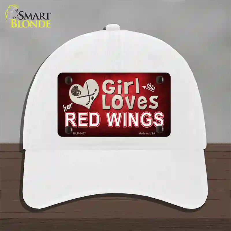 This Girl Loves Her Red Wings Novelty License Plate Hat Unconstructed Cotton / White