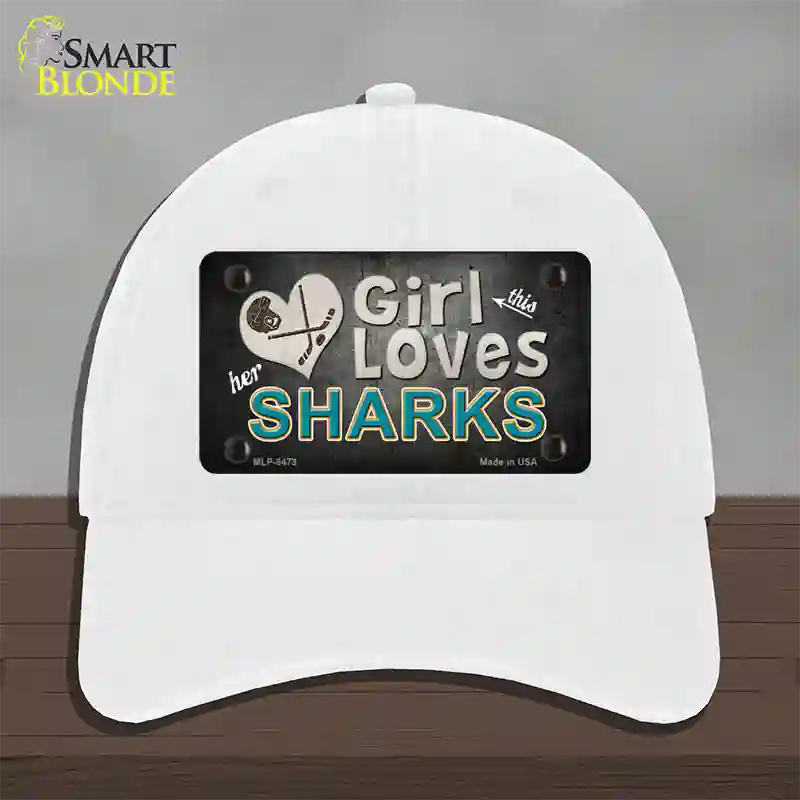 This Girl Loves Her Sharks Novelty License Plate Hat Unconstructed Cotton / White