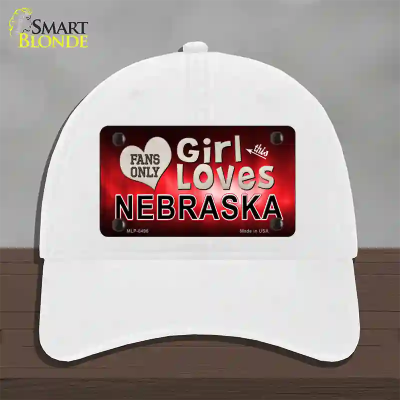 This Girl Loves Nebraska Novelty License Plate Hat Unconstructed Cotton / White