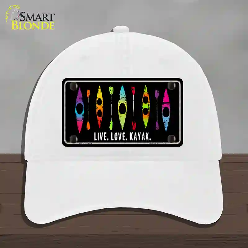 Live Love Kayak Novelty License Plate Hat Unconstructed Cotton / White