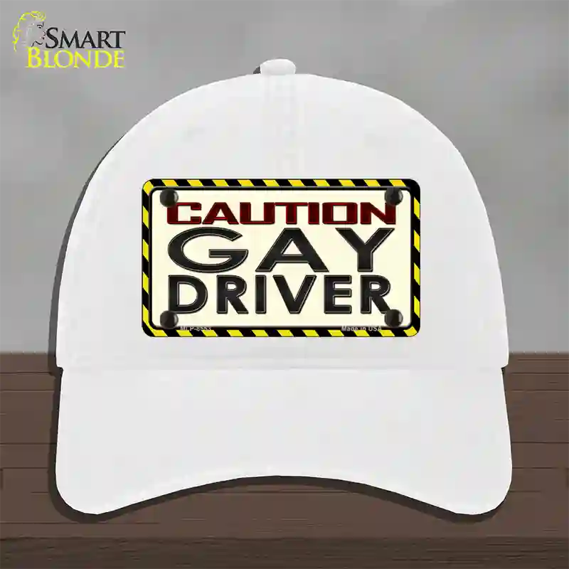 Caution Gay Driver Novelty License Plate Hat Unconstructed Cotton / White