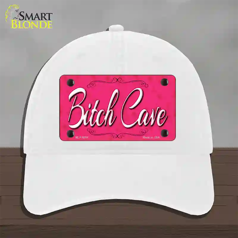 Bitch Cave Novelty License Plate Hat Unconstructed Cotton / White