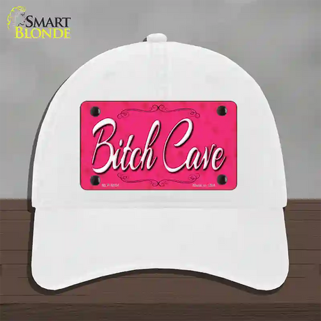 Bitch Cave Novelty License Plate Hat Unconstructed Cotton / White