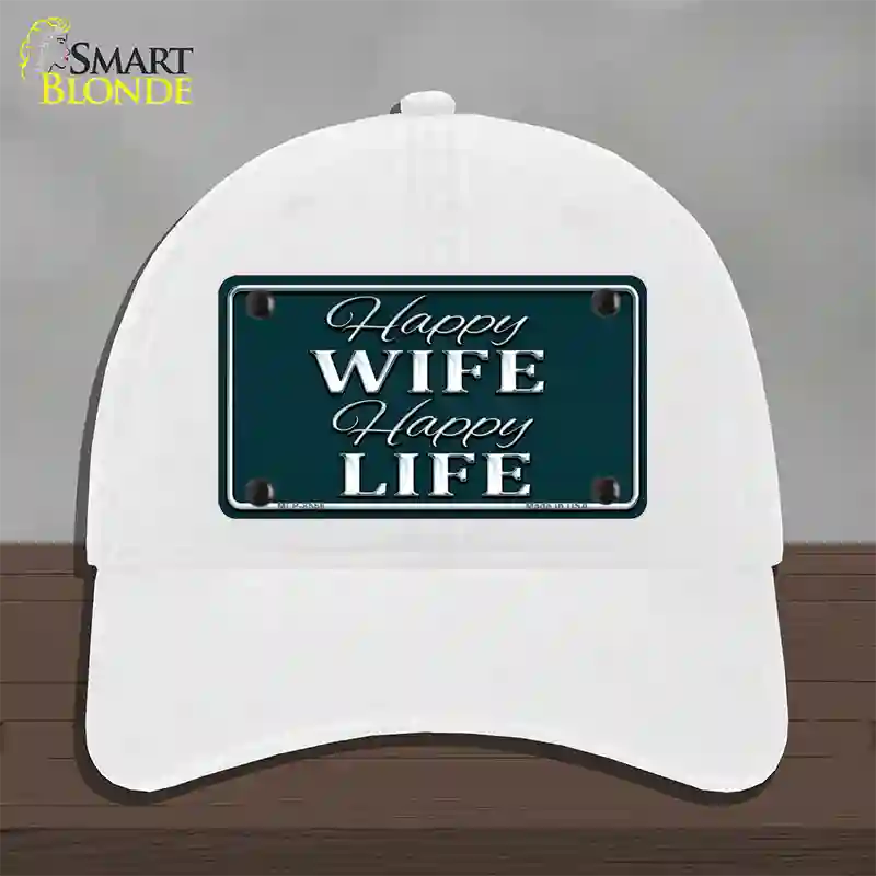 Happy Wife Happy Life Novelty License Plate Hat Unconstructed Cotton / White