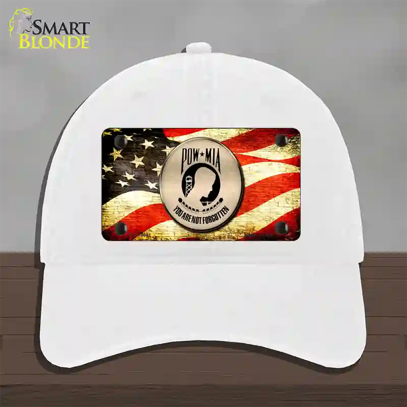 POW MIA With USA Flag Novelty License Plate Hat Unconstructed Cotton / White