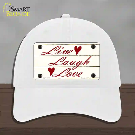 Live, Laugh, Love Novelty License Plate Hat Unconstructed Cotton / White