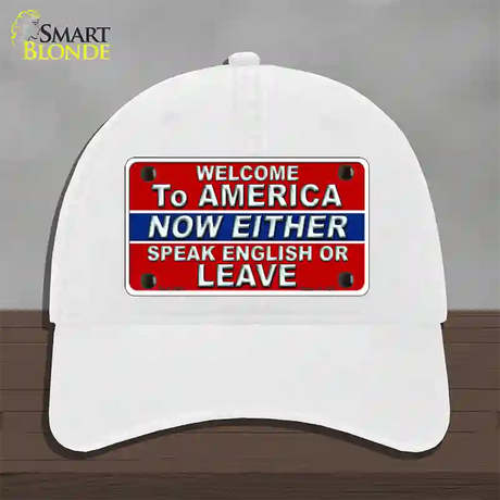 Speak English Or Leave Novelty License Plate Hat Unconstructed Cotton / White