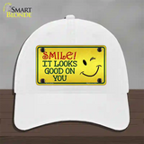 Smile Looks Good Novelty License Plate Hat Unconstructed Cotton / White