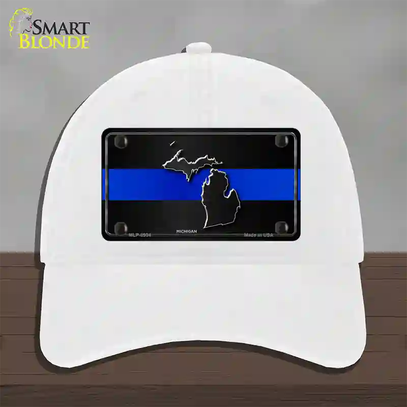 Michigan Thin Blue Line Novelty License Plate Hat Unconstructed Cotton / White