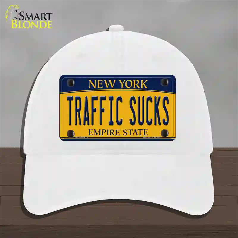 Traffic Sucks New York Novelty License Plate Hat Unconstructed Cotton / White